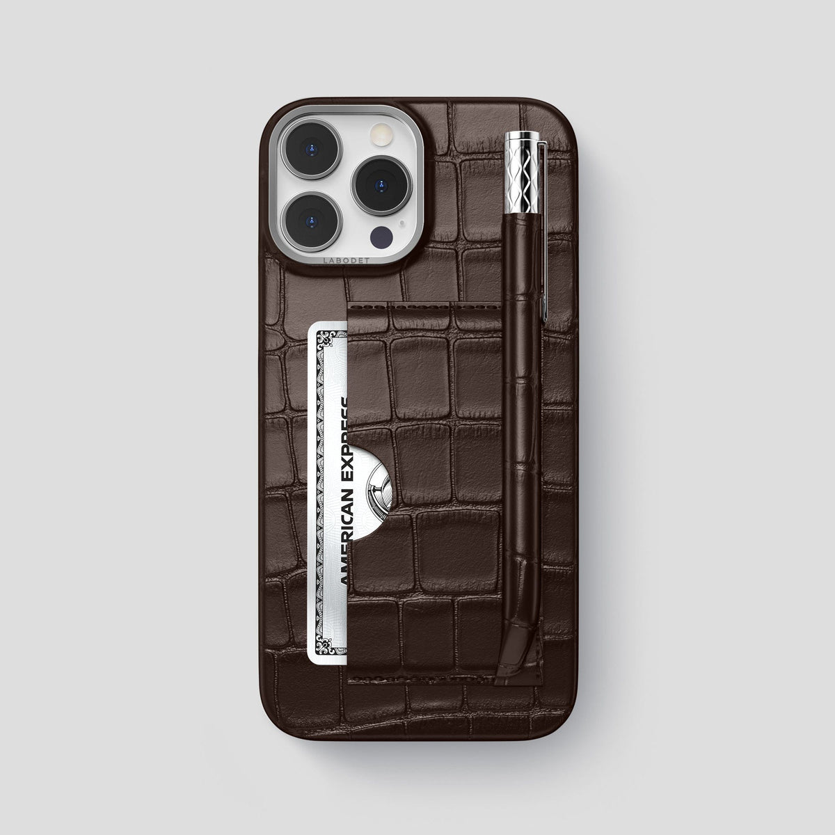 Dark Brown iPhone 14 Pro Max Card and Pen Holder Case Alligator with Steel Metal -1 | Dark-Brown-Steel