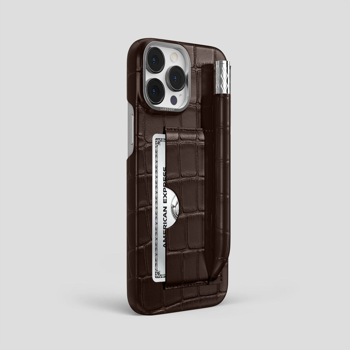 Dark Brown iPhone 14 Pro Max Card and Pen Holder Case Alligator with Steel Metal -2 | Dark-Brown-Steel