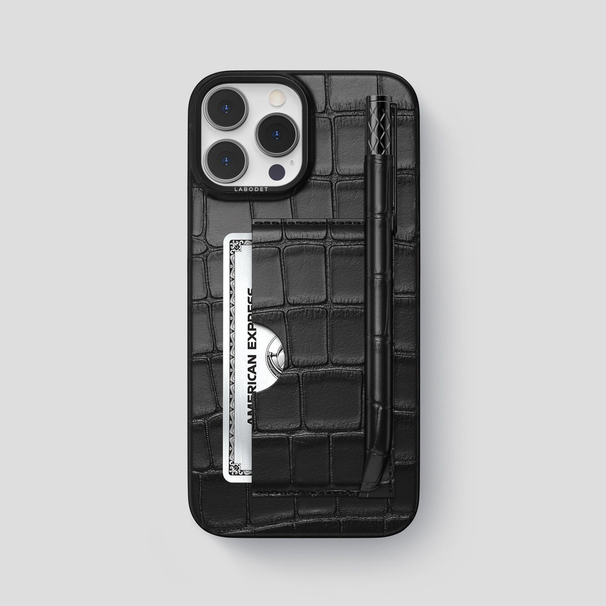 Black iPhone 14 Pro Max Card and Pen Holder Case Alligator with Black Metal -1 | Black-Black