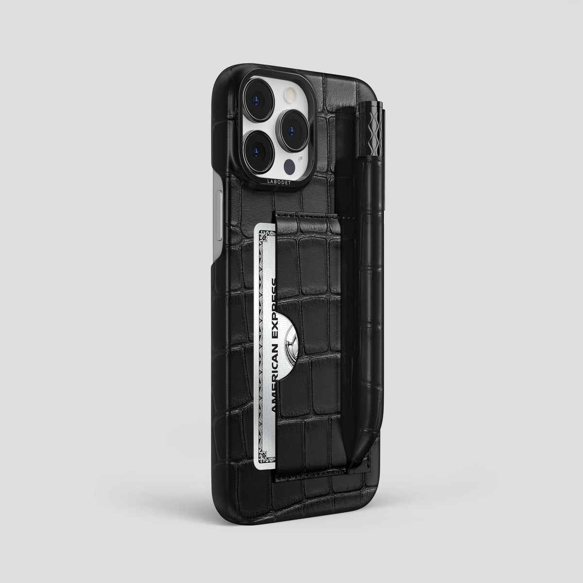 Black iPhone 14 Pro Max Card and Pen Holder Case Alligator with Black Metal -2 | Black-Black