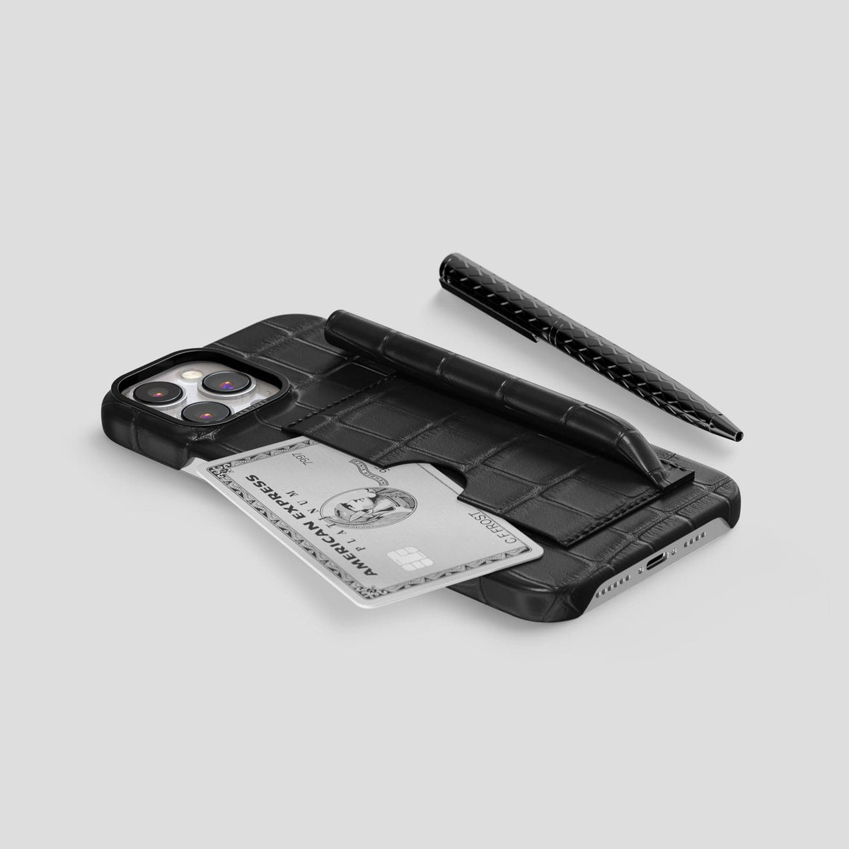 Black iPhone 14 Pro Max Card and Pen Holder Case Alligator with Black Metal -5 | Black-Black