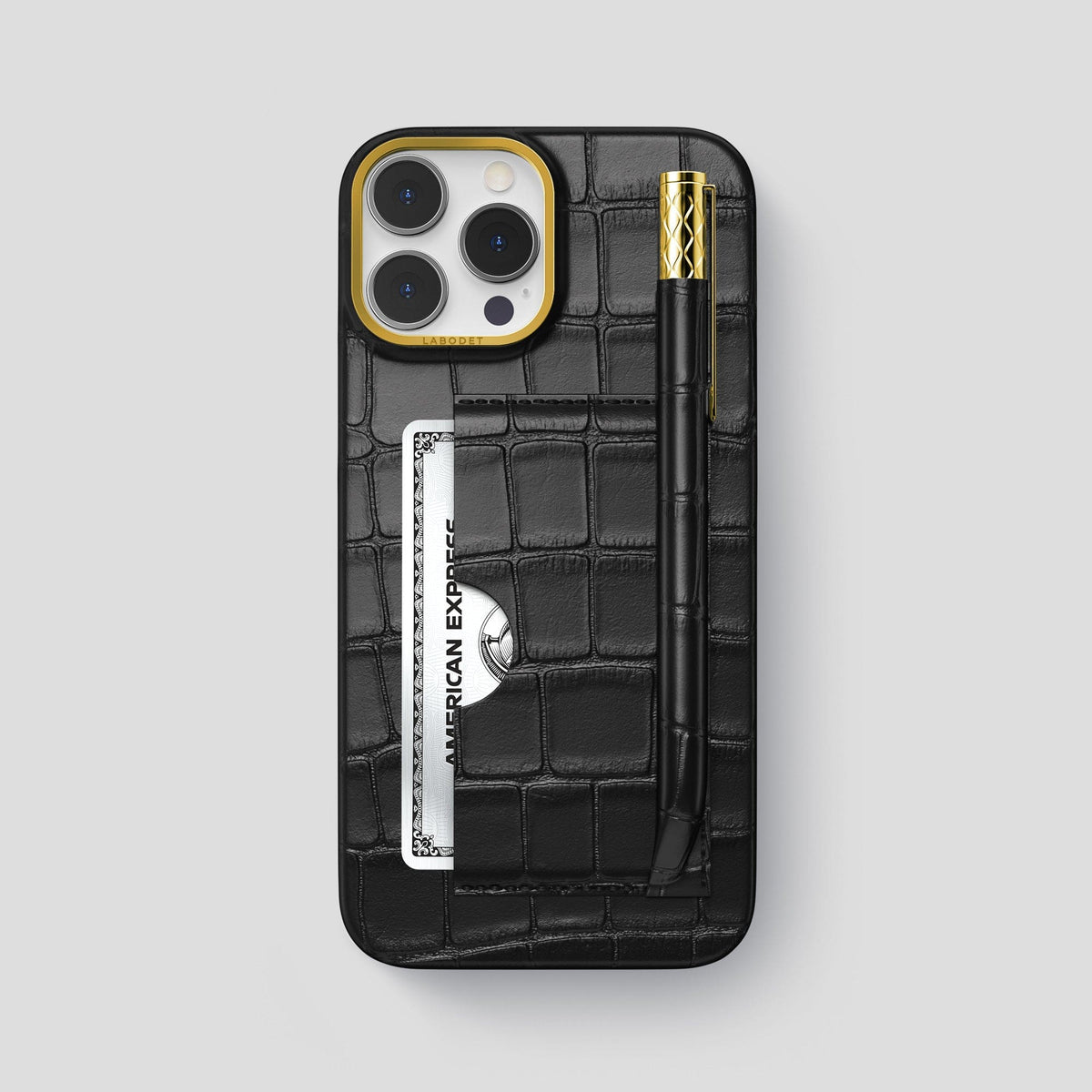 Black iPhone 14 Pro Max Card and Pen Holder Case Alligator with Gold Metal -1 | Black-Gold