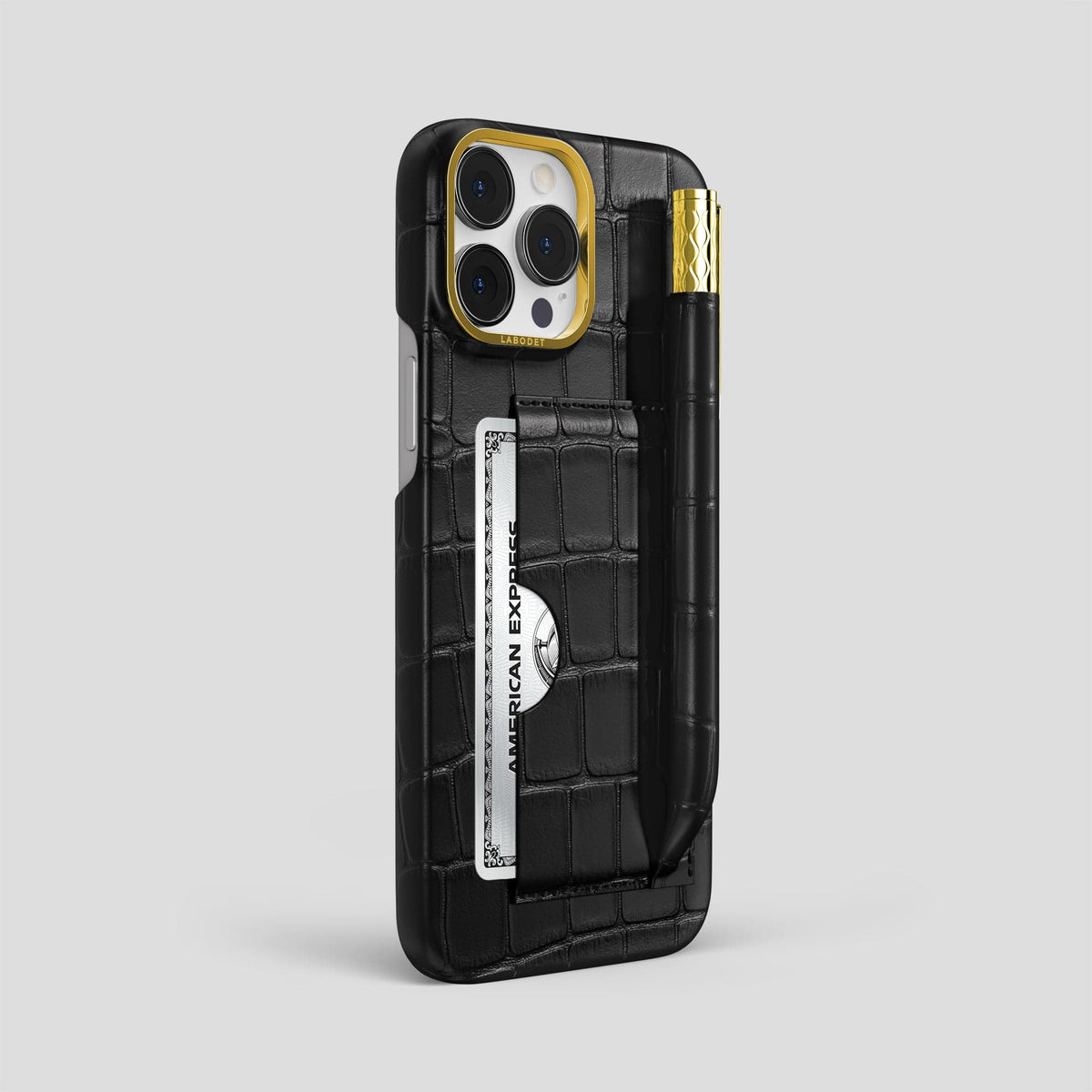 Black iPhone 14 Pro Max Card and Pen Holder Case Alligator with Gold Metal -2 | Black-Gold