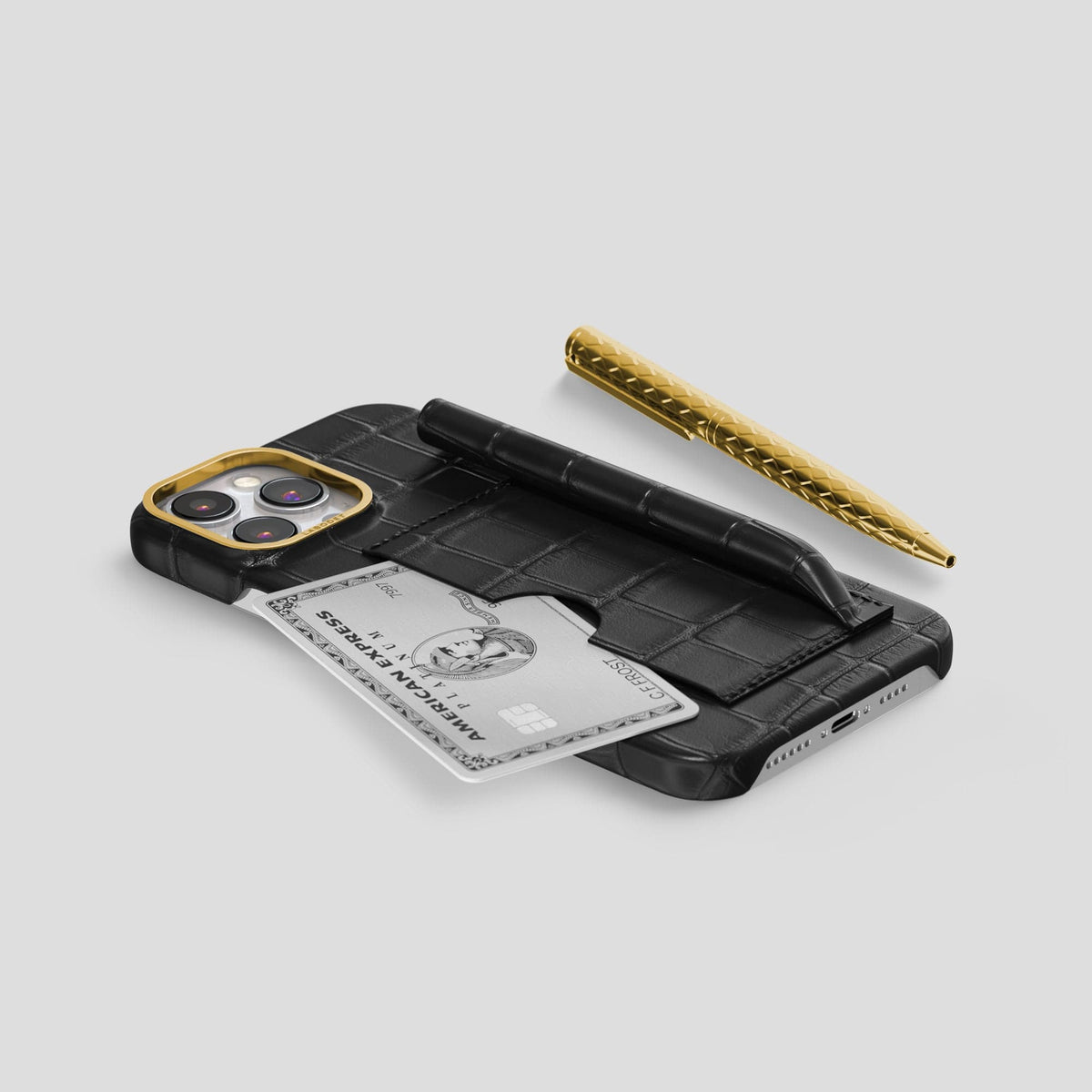 Black iPhone 14 Pro Max Card and Pen Holder Case Alligator with Gold Metal -5 | Black-Gold