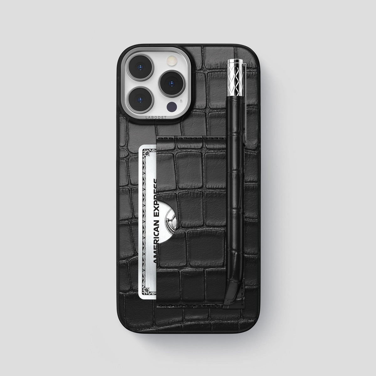 Black iPhone 14 Pro Max Card and Pen Holder Case Alligator with Steel Metal -1 | Black-Steel