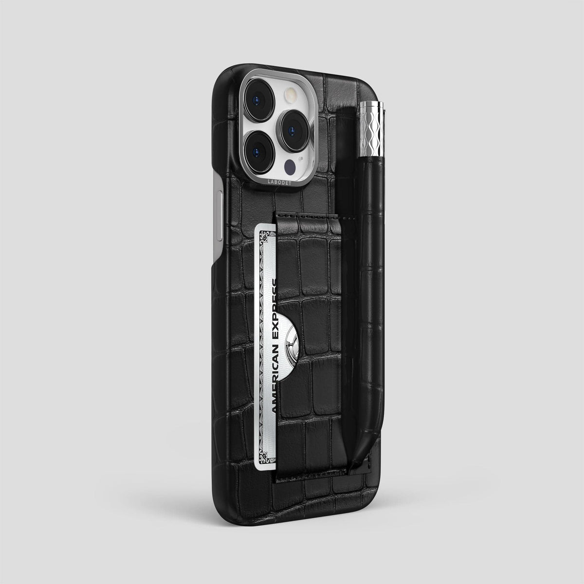 Black iPhone 14 Pro Max Card and Pen Holder Case Alligator with Steel Metal -2 | Black-Steel