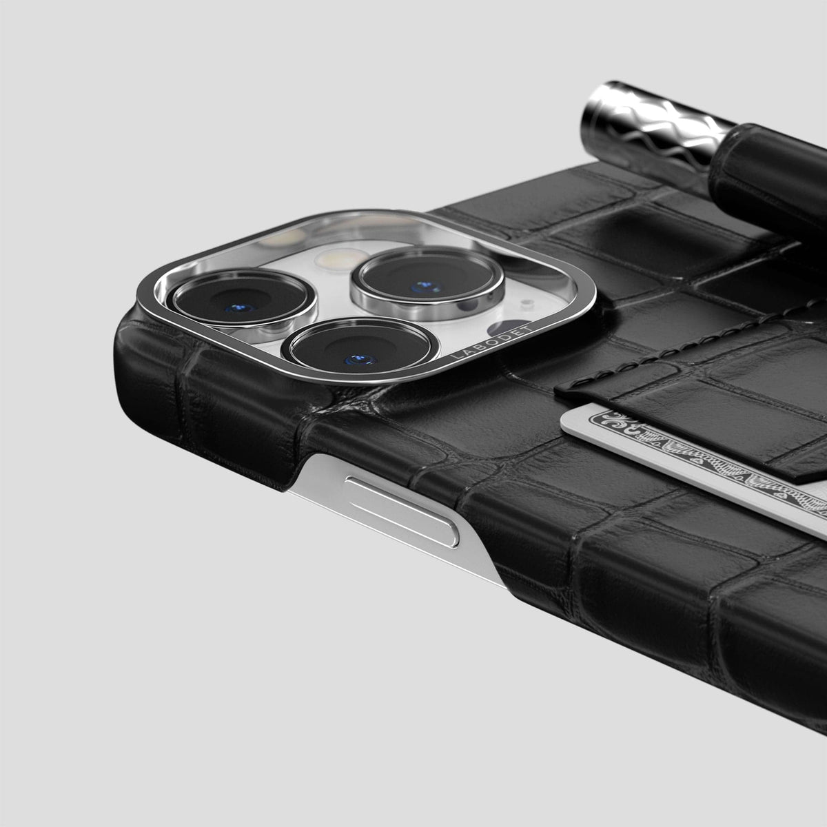 Black iPhone 14 Pro Max Card and Pen Holder Case Alligator with Steel Metal -4 | Black-Steel