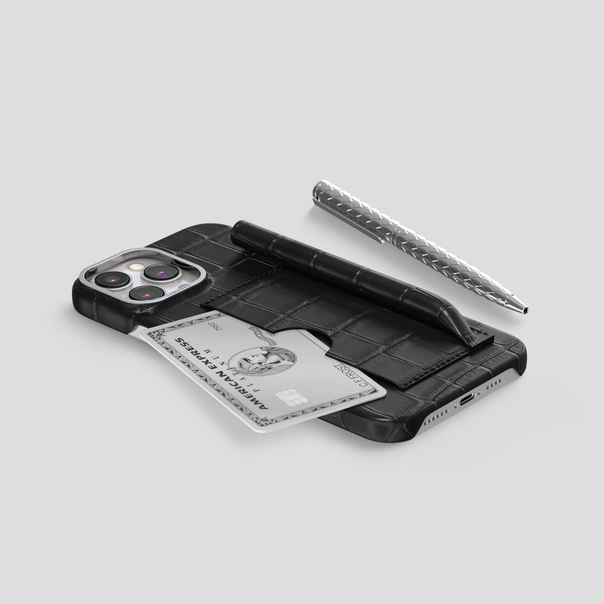 Black iPhone 14 Pro Max Card and Pen Holder Case Alligator with Steel Metal -5 | Black-Steel