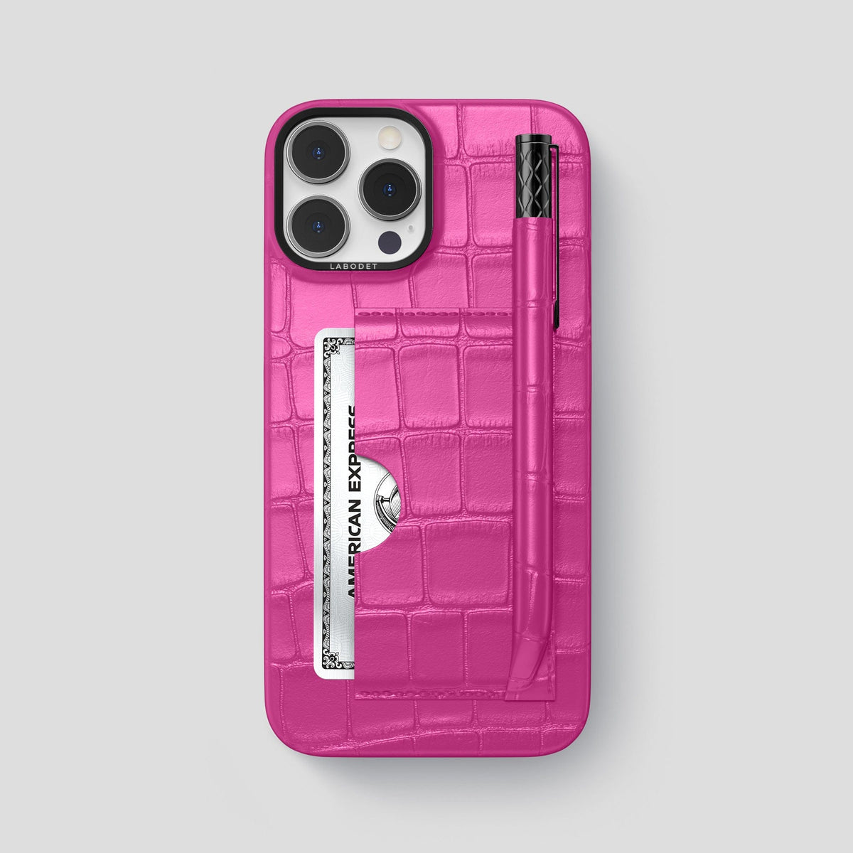 Fuchsia iPhone 14 Pro Max Card and Pen Holder Case Alligator with Black Metal -1 | Fuchsia-Black