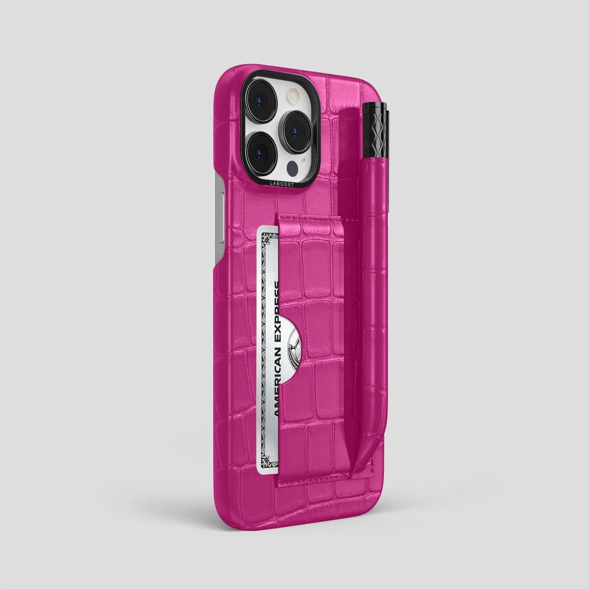 Fuchsia iPhone 14 Pro Max Card and Pen Holder Case Alligator with Black Metal -2 | Fuchsia-Black