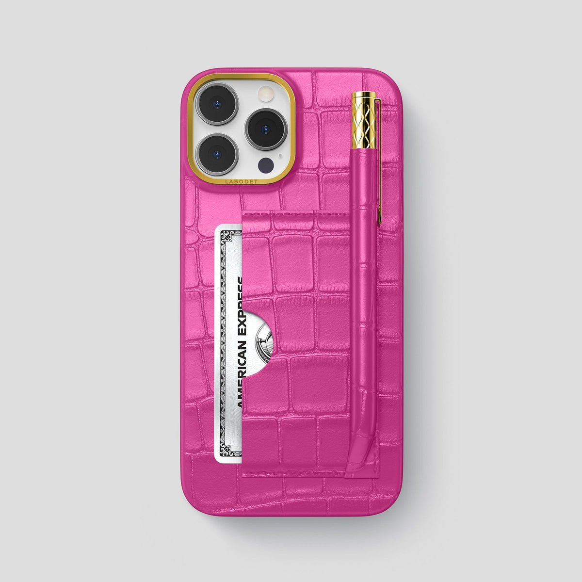 Fuchsia iPhone 14 Pro Max Card and Pen Holder Case Alligator with Gold Metal -1 | Fuchsia-Gold