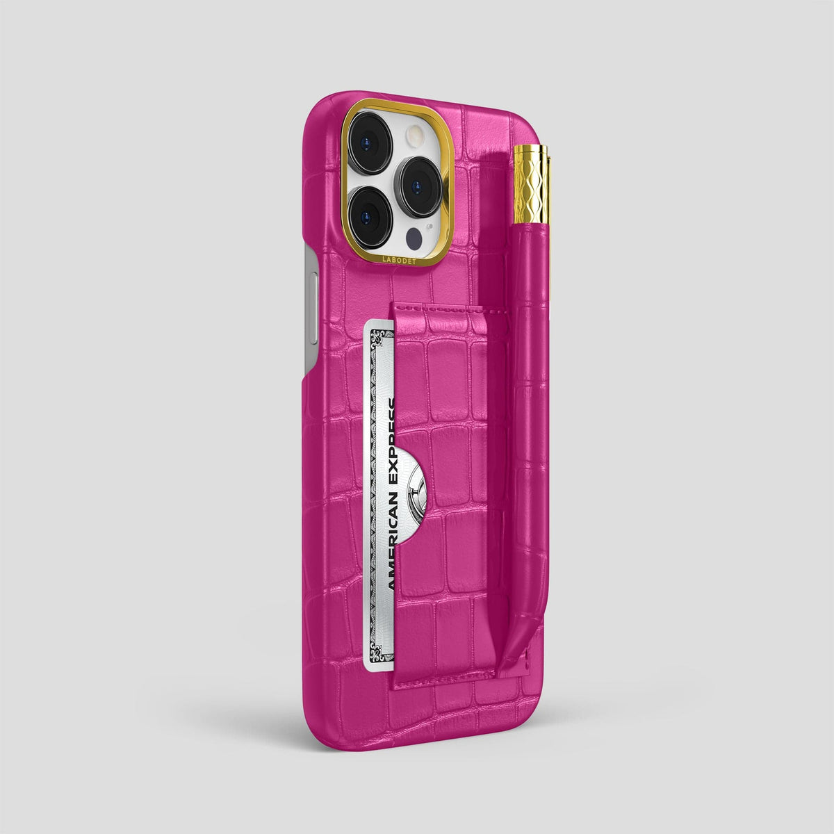 Fuchsia iPhone 14 Pro Max Card and Pen Holder Case Alligator with Gold Metal -2 | Fuchsia-Gold