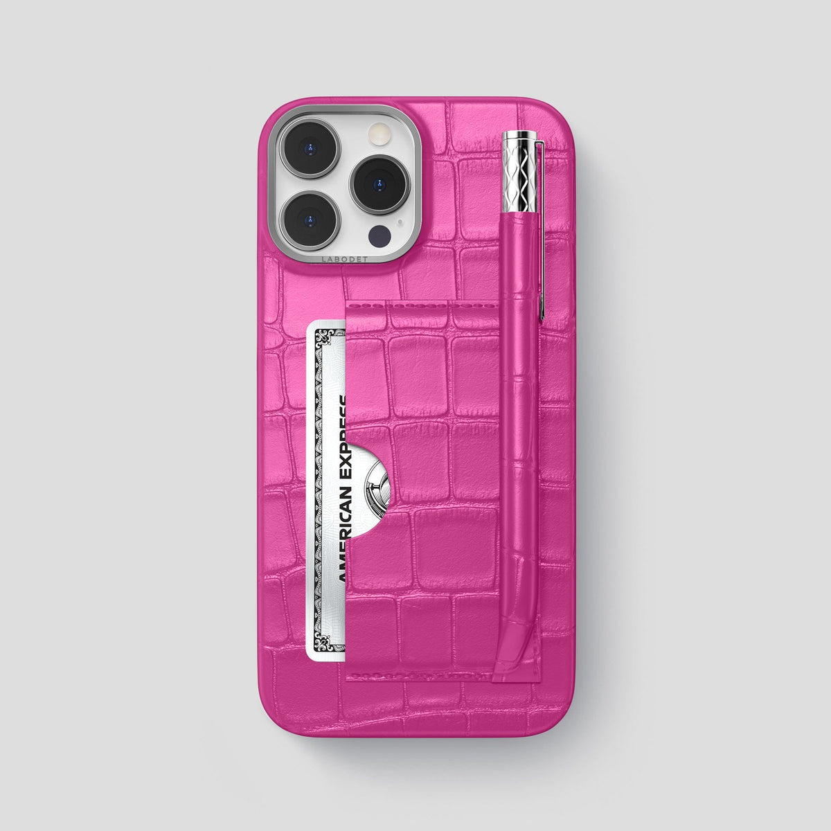 Fuchsia iPhone 14 Pro Max Card and Pen Holder Case Alligator with Steel Metal -1 | Fuchsia-Steel