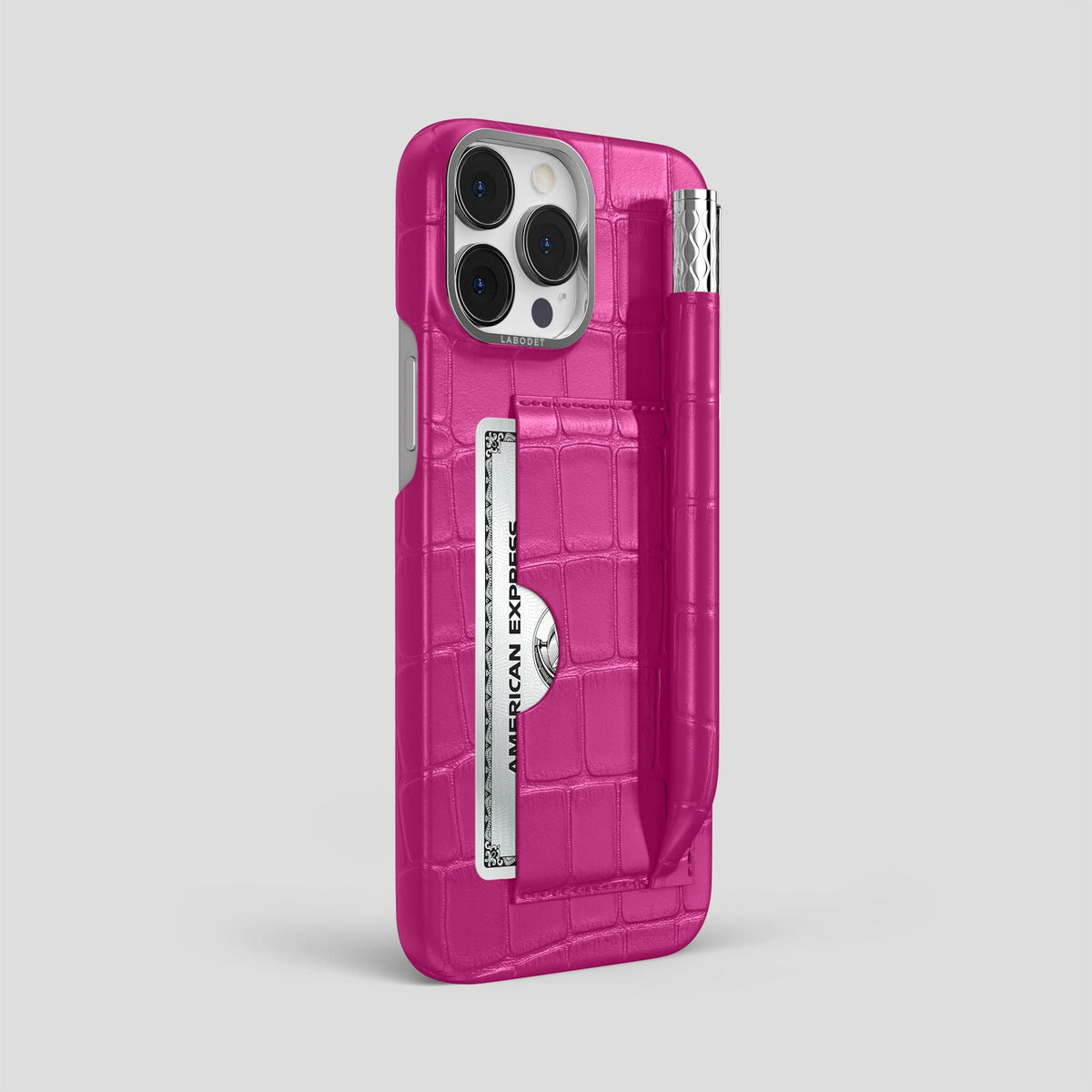 Fuchsia iPhone 14 Pro Max Card and Pen Holder Case Alligator with Steel Metal -2 | Fuchsia-Steel
