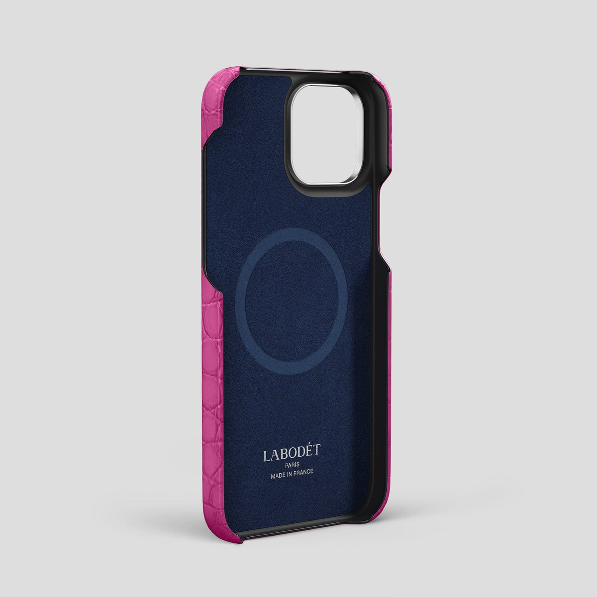 Fuchsia iPhone 14 Pro Max Card and Pen Holder Case Alligator with Steel Metal -3 | Fuchsia-Steel