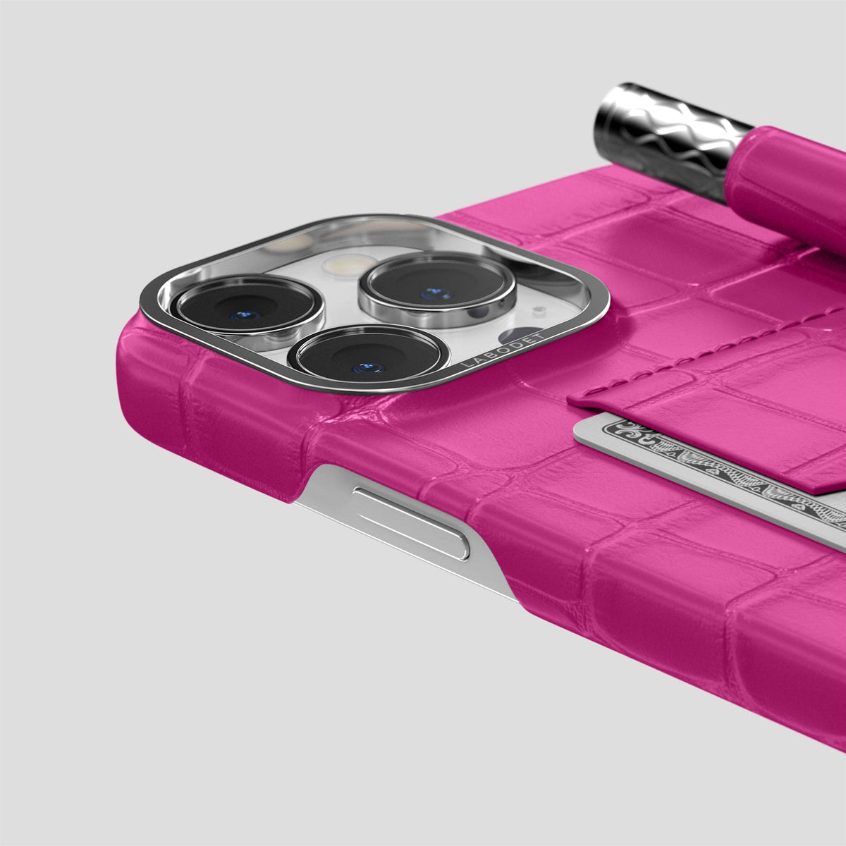 Fuchsia iPhone 14 Pro Max Card and Pen Holder Case Alligator with Steel Metal -4 | Fuchsia-Steel