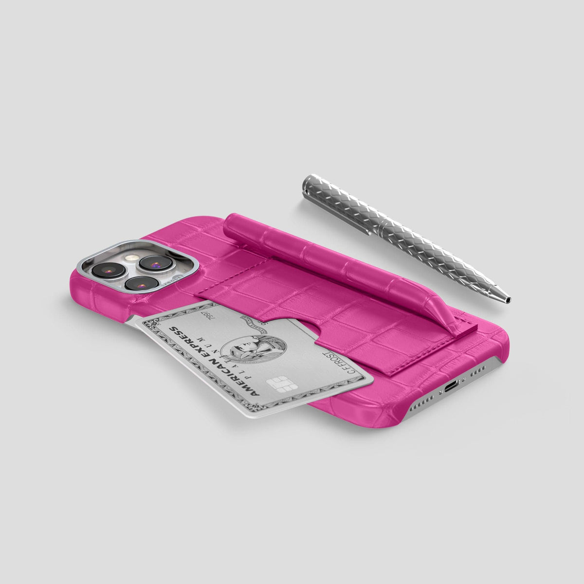 Fuchsia iPhone 14 Pro Max Card and Pen Holder Case Alligator with Steel Metal -5 | Fuchsia-Steel
