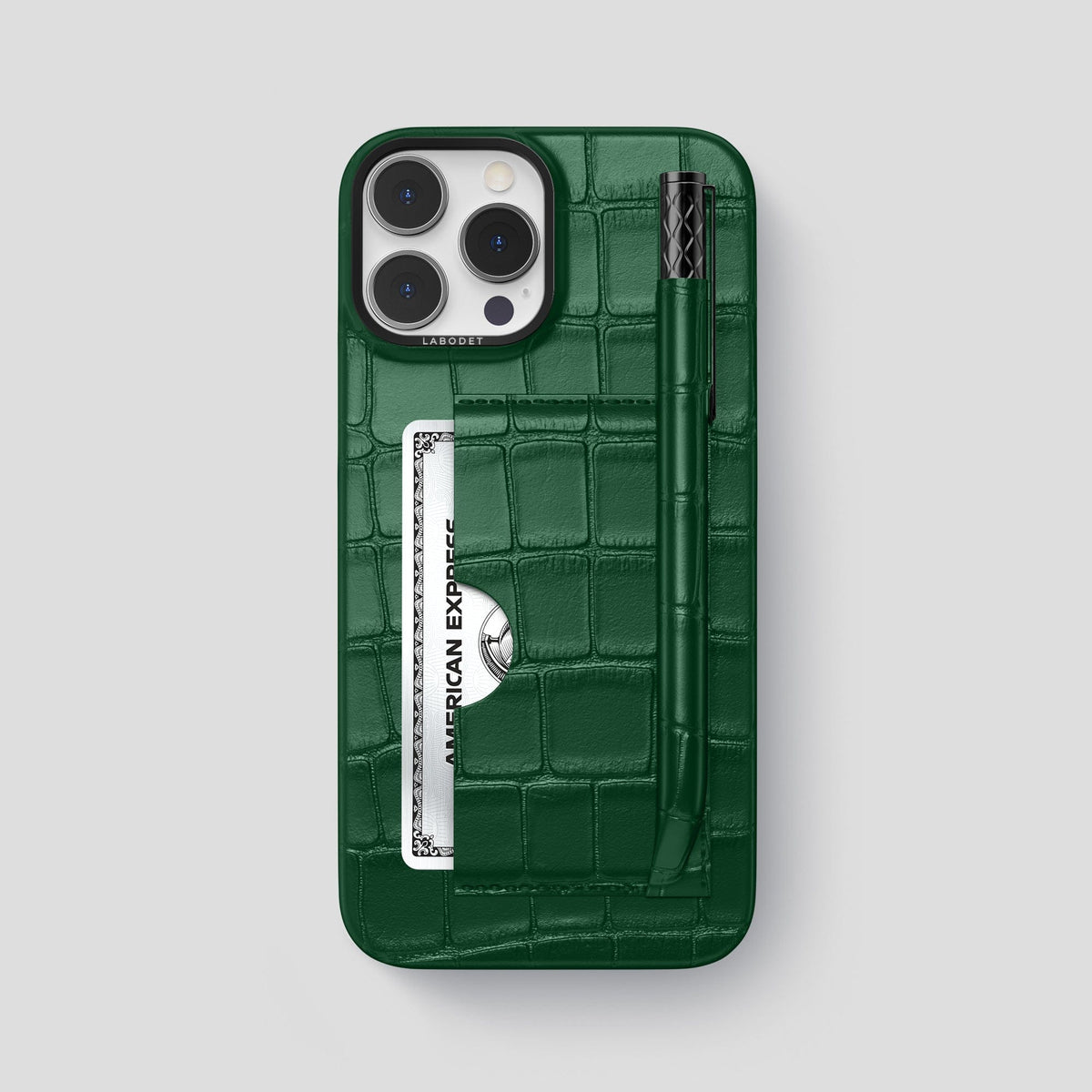 Forest-Green iPhone 14 Pro Max Card and Pen Holder Case Alligator with Black Metal -1 | Forest-Green-Black