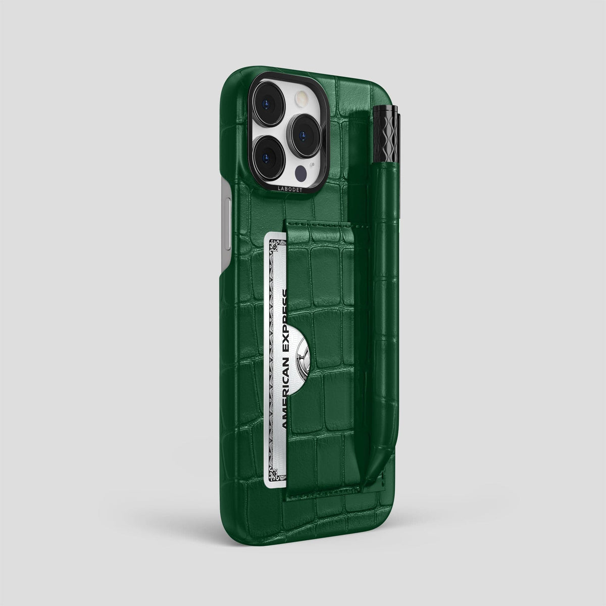 Forest-Green iPhone 14 Pro Max Card and Pen Holder Case Alligator with Black Metal -2 | Forest-Green-Black