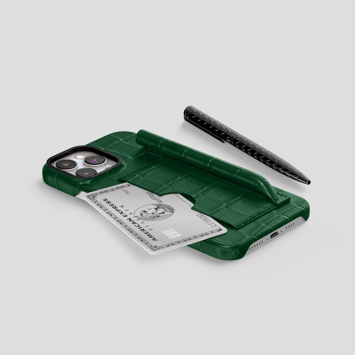 Forest-Green iPhone 14 Pro Max Card and Pen Holder Case Alligator with Black Metal -5 | Forest-Green-Black