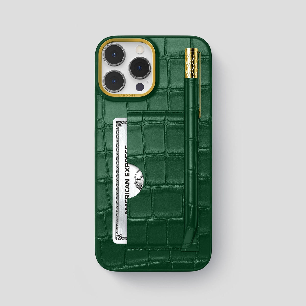 Forest-Green iPhone 14 Pro Max Card and Pen Holder Case Alligator with Gold Metal -1 | Forest-Green-Gold