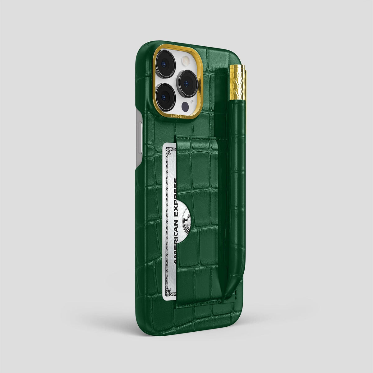 Forest-Green iPhone 14 Pro Max Card and Pen Holder Case Alligator with Gold Metal -2 | Forest-Green-Gold