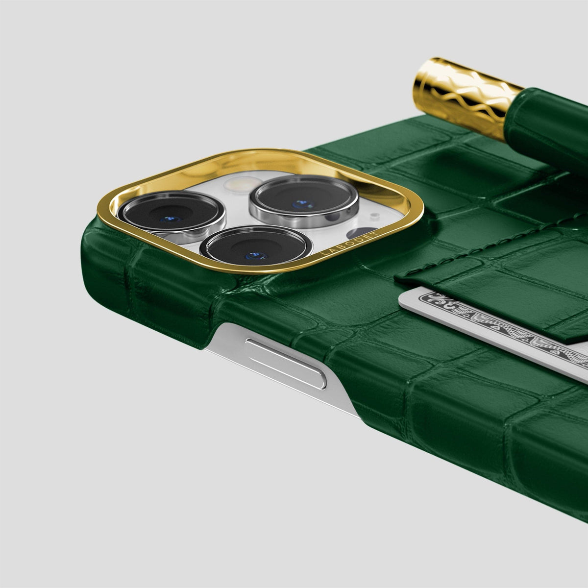 Forest-Green iPhone 14 Pro Max Card and Pen Holder Case Alligator with Gold Metal -4 | Forest-Green-Gold