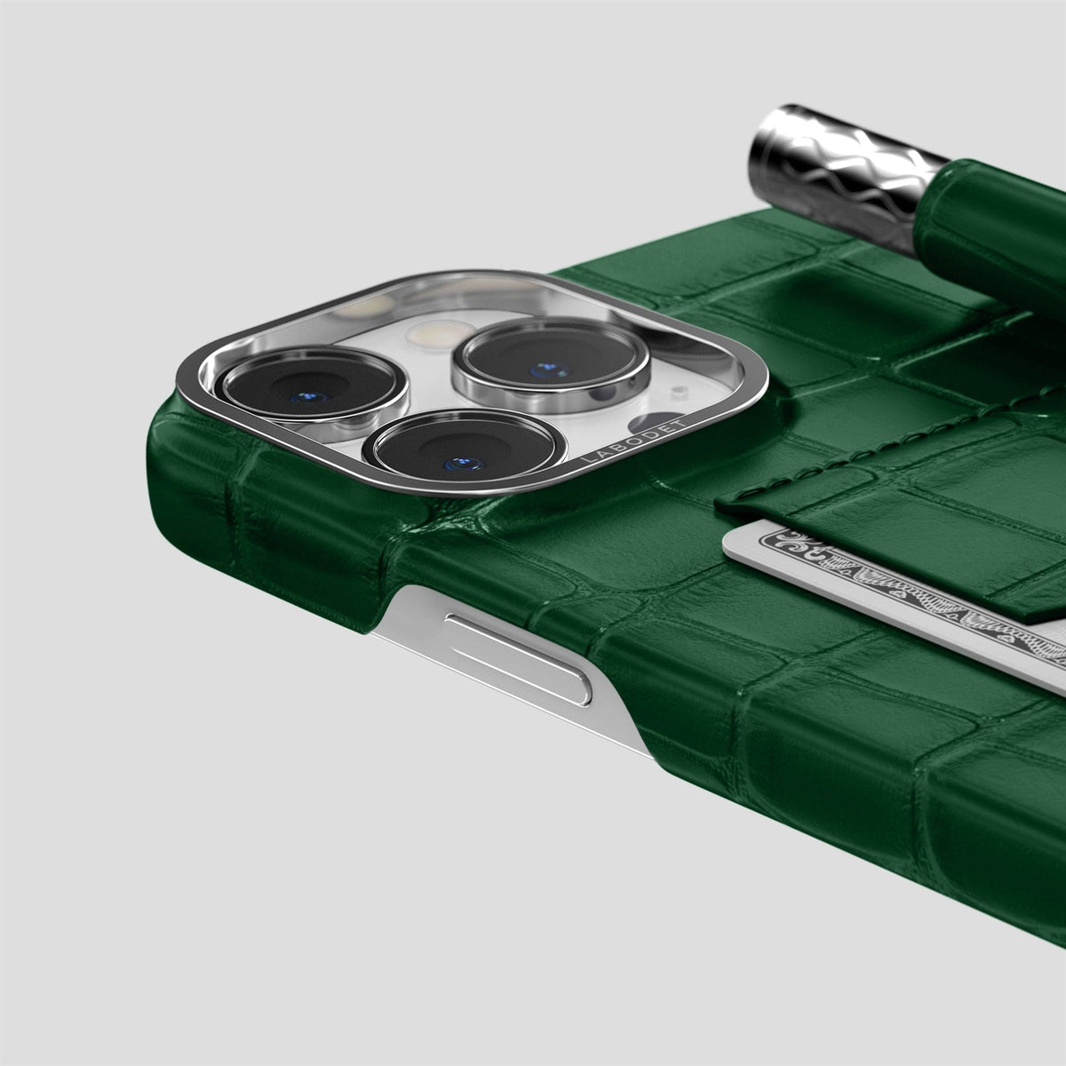 Forest-Green iPhone 14 Pro Max Card and Pen Holder Case Alligator with Steel Metal -4 | Forest-Green-Steel