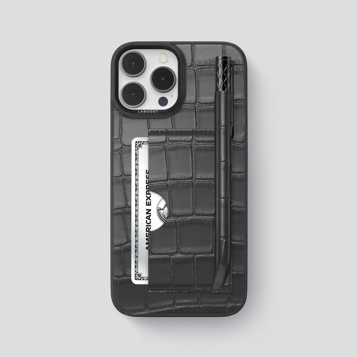 Grey iPhone 14 Pro Max Card and Pen Holder Case Alligator with Black Metal -1 | Grey-Black