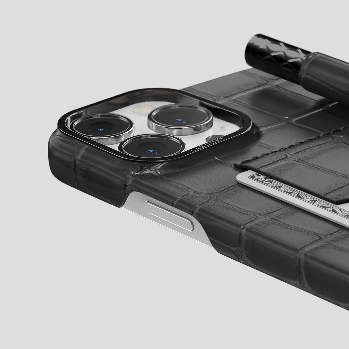 Grey iPhone 14 Pro Max Card and Pen Holder Case Alligator with Black Metal -4 | Grey-Black