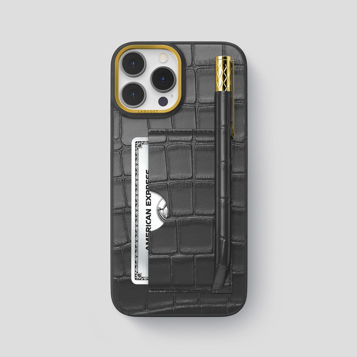 Grey iPhone 14 Pro Max Card and Pen Holder Case Alligator with Gold Metal -1 | Grey-Gold