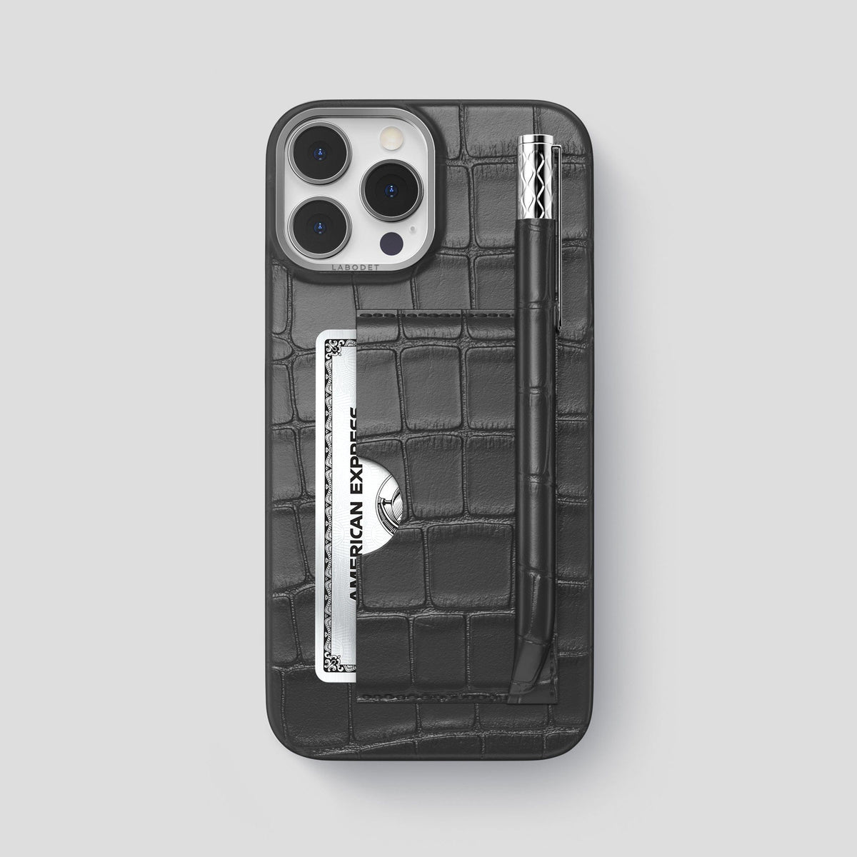 Grey iPhone 14 Pro Max Card and Pen Holder Case Alligator with Steel Metal -1 | Grey-Steel
