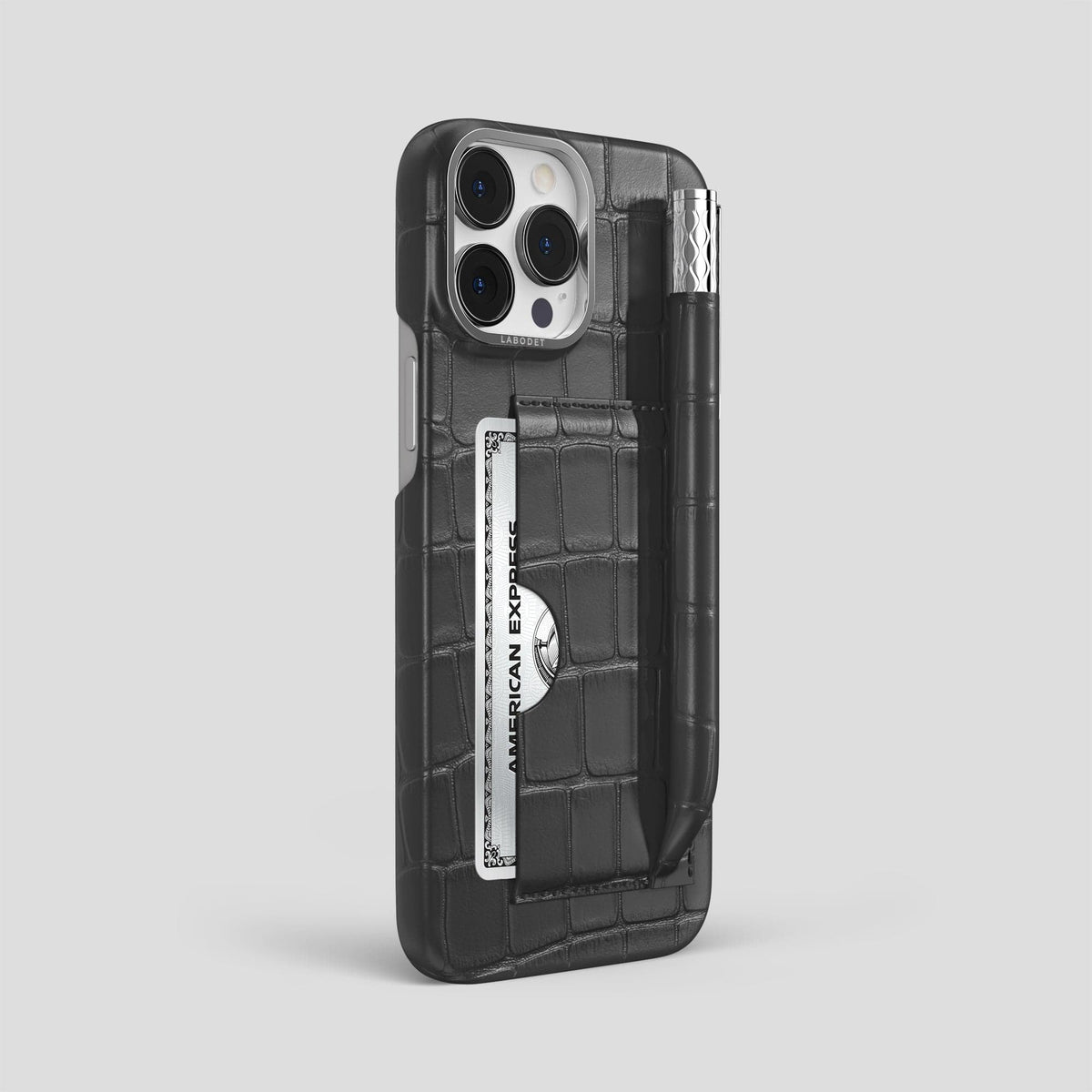Grey iPhone 14 Pro Max Card and Pen Holder Case Alligator with Steel Metal -2 | Grey-Steel