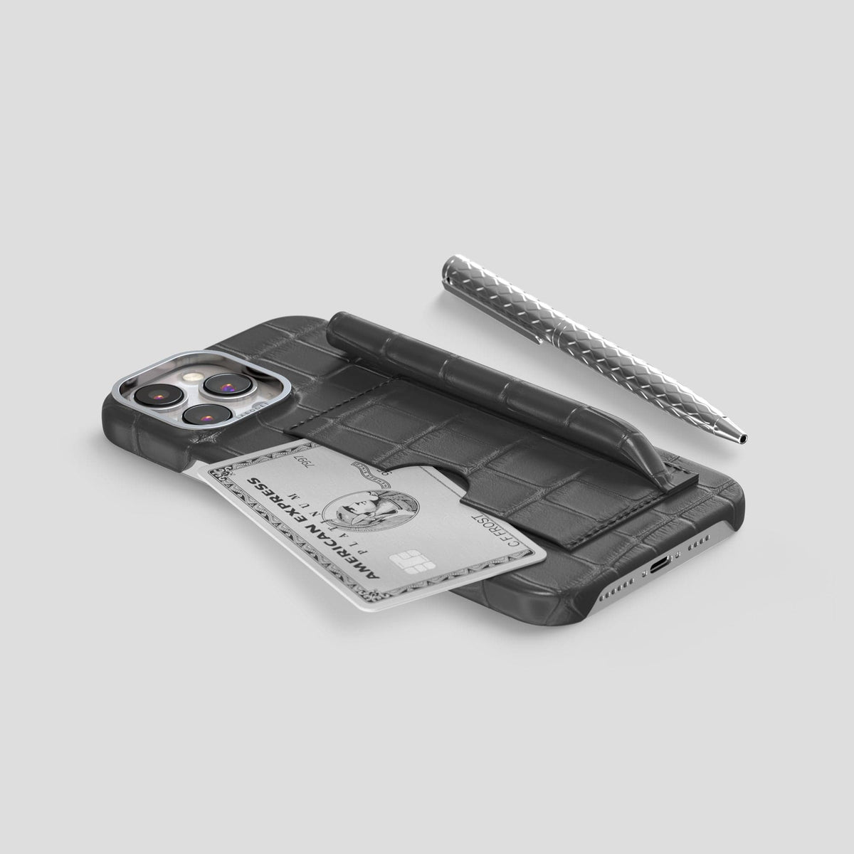Grey iPhone 14 Pro Max Card and Pen Holder Case Alligator with Steel Metal -5 | Grey-Steel