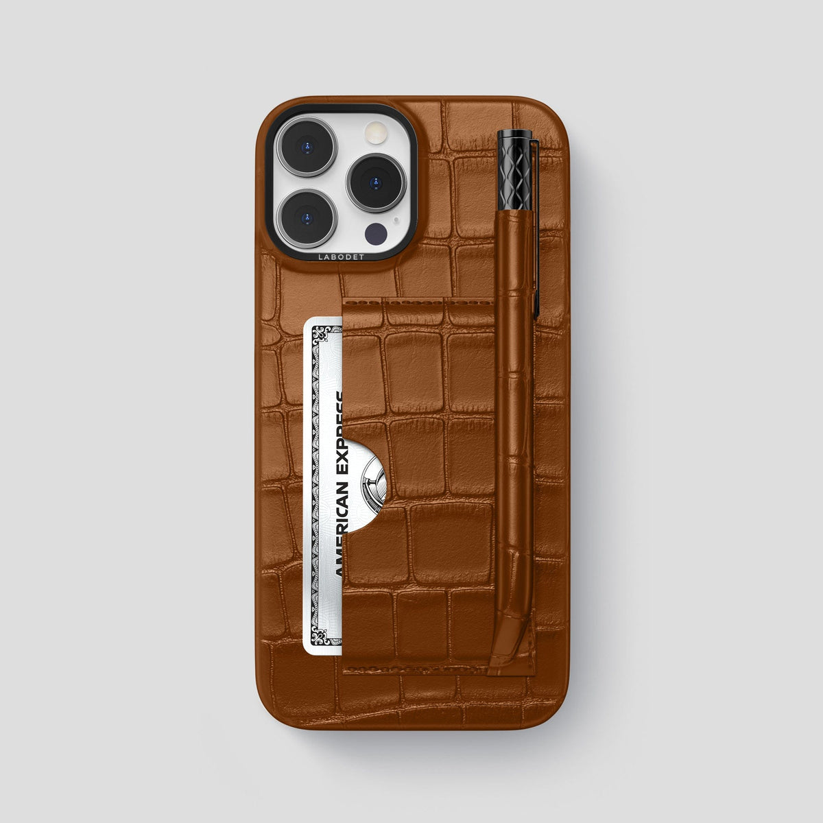 Honey iPhone 14 Pro Max Card and Pen Holder Case Alligator with Black Metal -1 | Honey-Black
