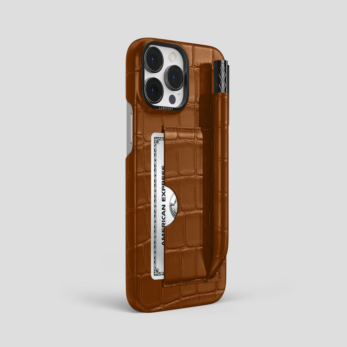 Honey iPhone 14 Pro Max Card and Pen Holder Case Alligator with Black Metal -2 | Honey-Black