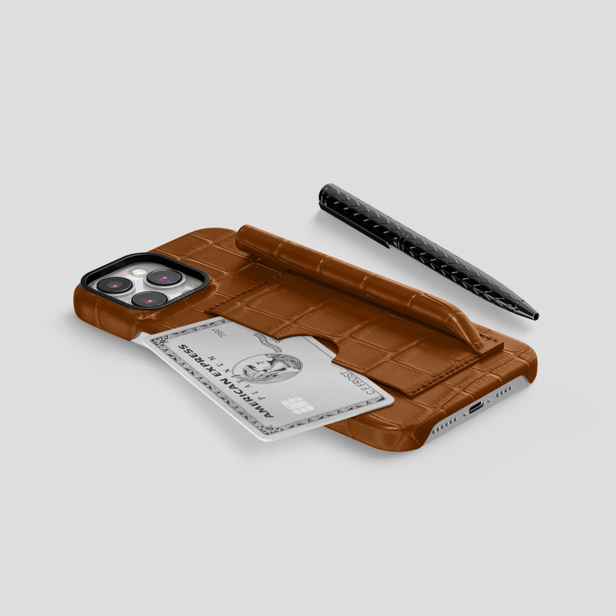 Honey iPhone 14 Pro Max Card and Pen Holder Case Alligator with Black Metal -5 | Honey-Black