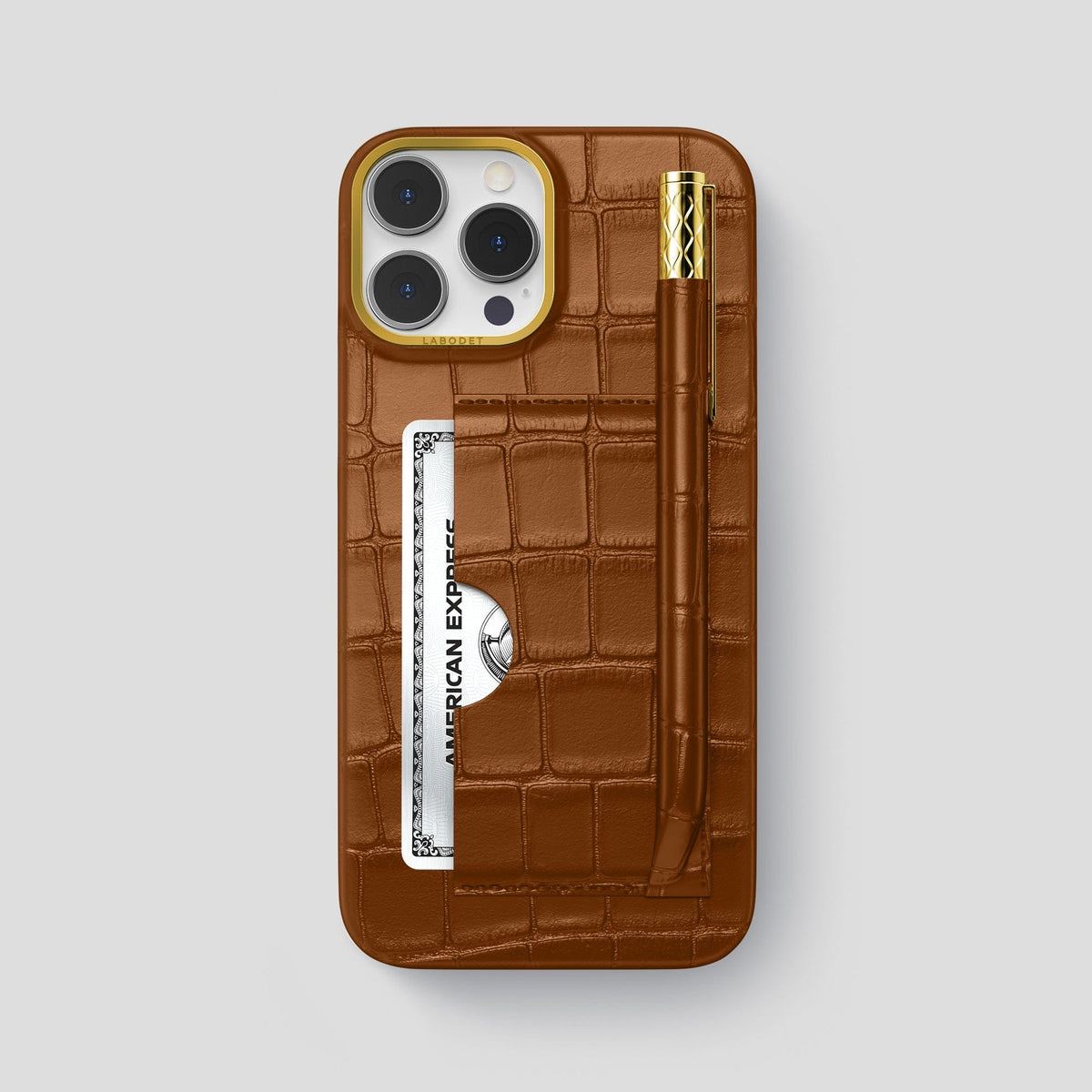 Honey iPhone 14 Pro Max Card and Pen Holder Case Alligator with Gold Metal -1 | Honey-Gold
