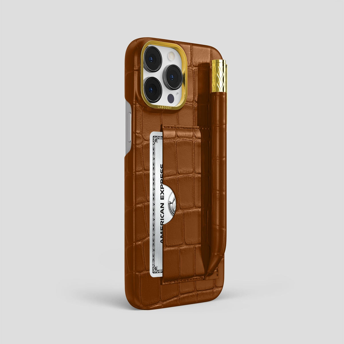 Honey iPhone 14 Pro Max Card and Pen Holder Case Alligator with Gold Metal -2 | Honey-Gold