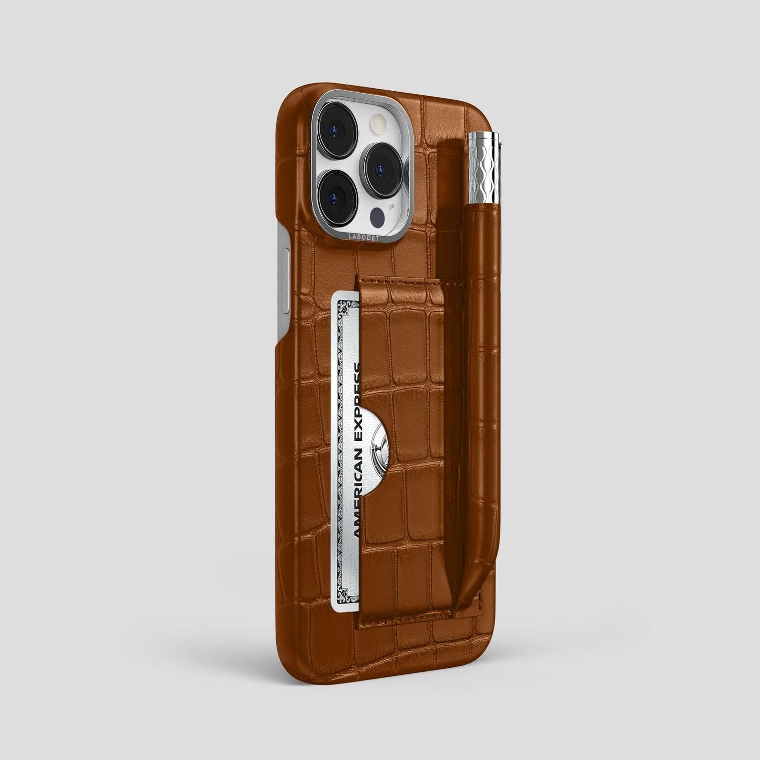 Honey iPhone 14 Pro Max Card and Pen Holder Case Alligator with Steel Metal -2 | Honey-Steel