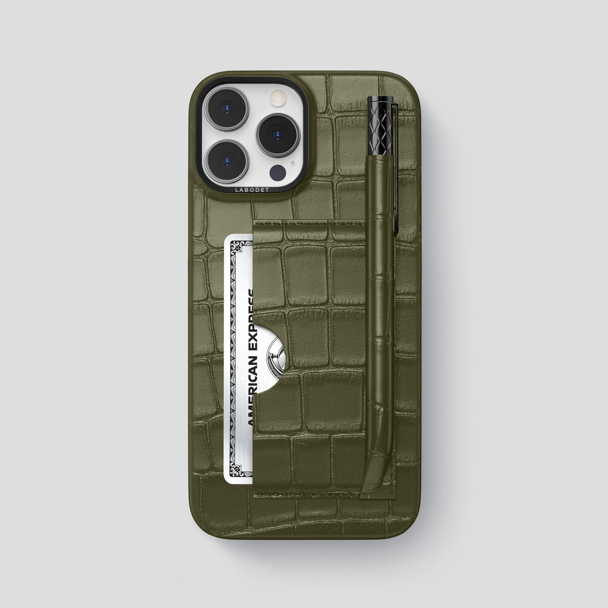 Kaki-Green iPhone 14 Pro Max Card and Pen Holder Case Alligator with Black Metal -1 | Kaki-Green-Black