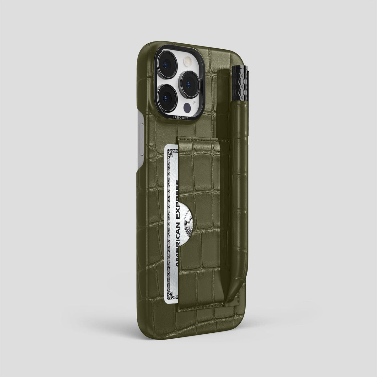 Kaki-Green iPhone 14 Pro Max Card and Pen Holder Case Alligator with Black Metal -2 | Kaki-Green-Black