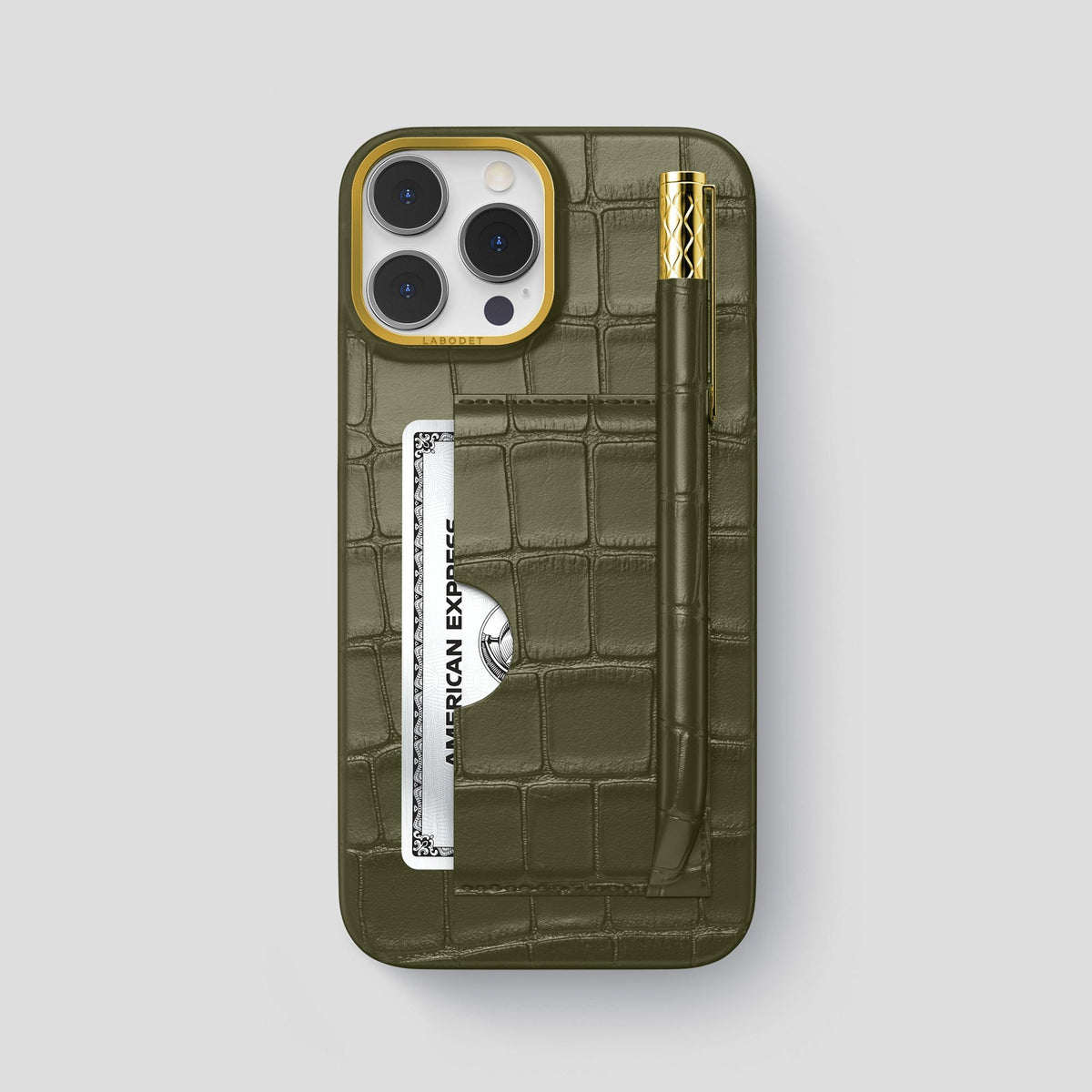 Kaki-Green iPhone 14 Pro Max Card and Pen Holder Case Alligator with Gold Metal -1 | Kaki-Green-Gold