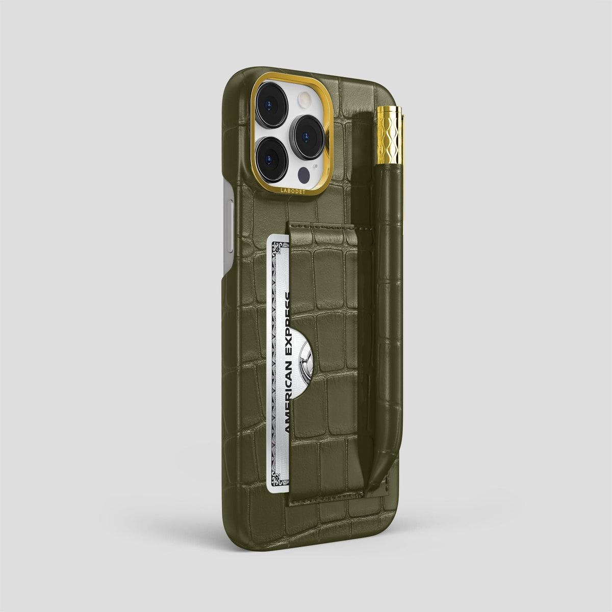 Kaki-Green iPhone 14 Pro Max Card and Pen Holder Case Alligator with Gold Metal -2 | Kaki-Green-Gold