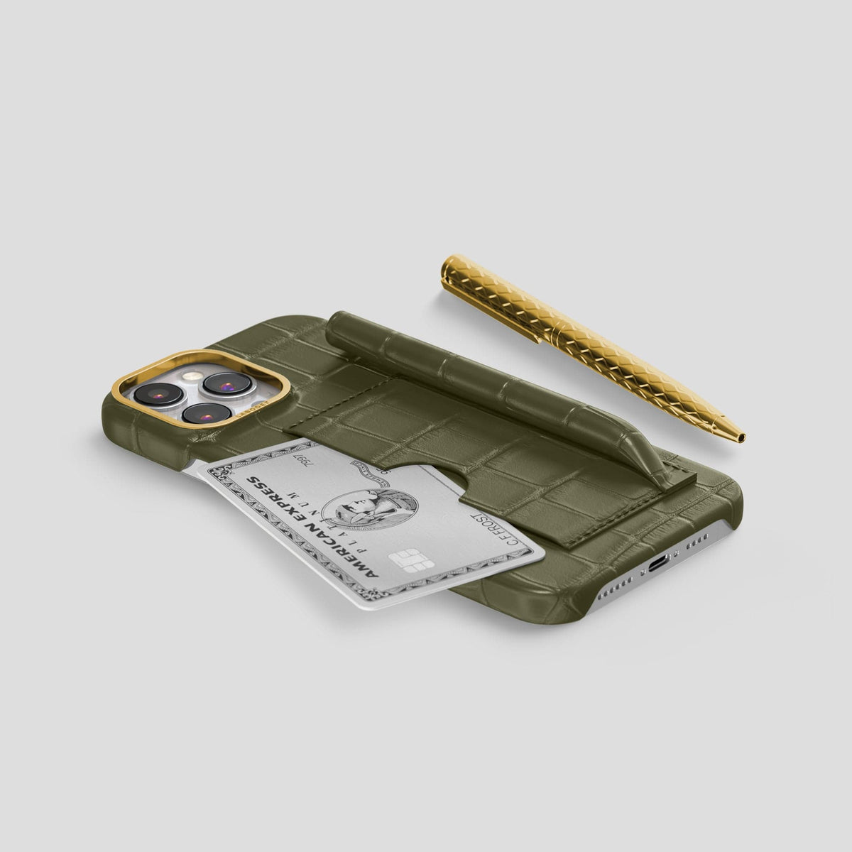 Kaki-Green iPhone 14 Pro Max Card and Pen Holder Case Alligator with Gold Metal -5 | Kaki-Green-Gold