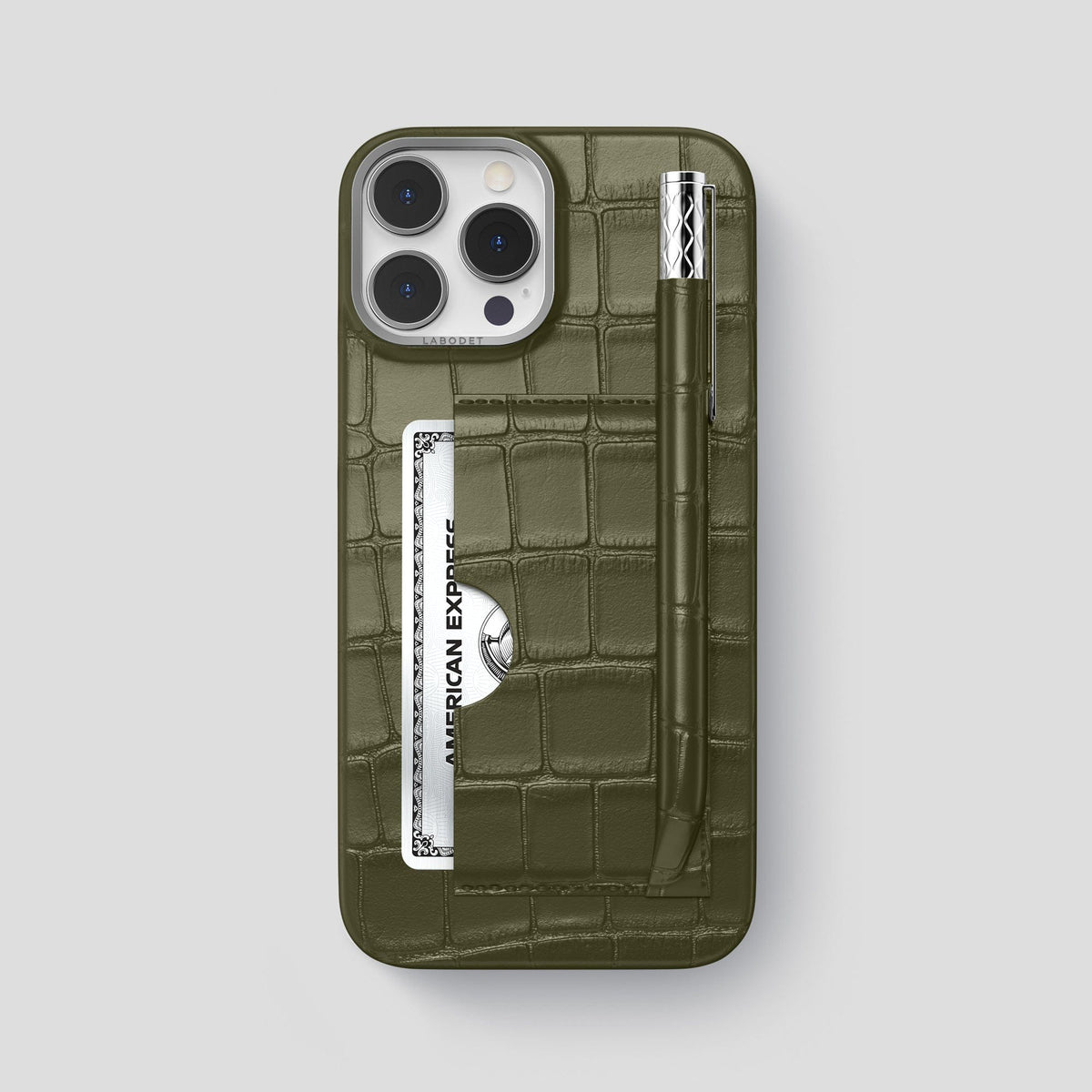 Kaki-Green iPhone 14 Pro Max Card and Pen Holder Case Alligator with Steel Metal -1 | Kaki-Green-Steel