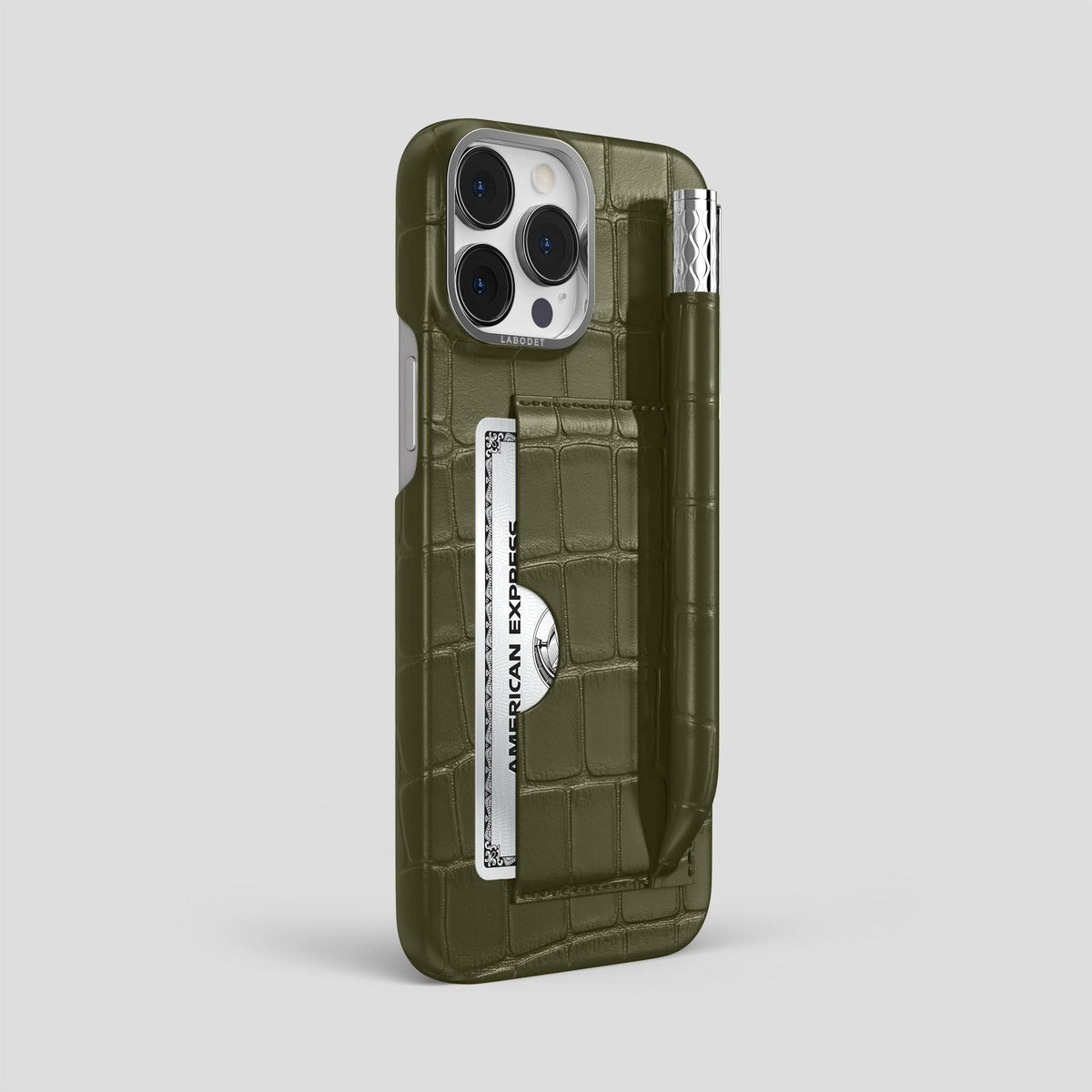 Kaki-Green iPhone 14 Pro Max Card and Pen Holder Case Alligator with Steel Metal -2 | Kaki-Green-Steel