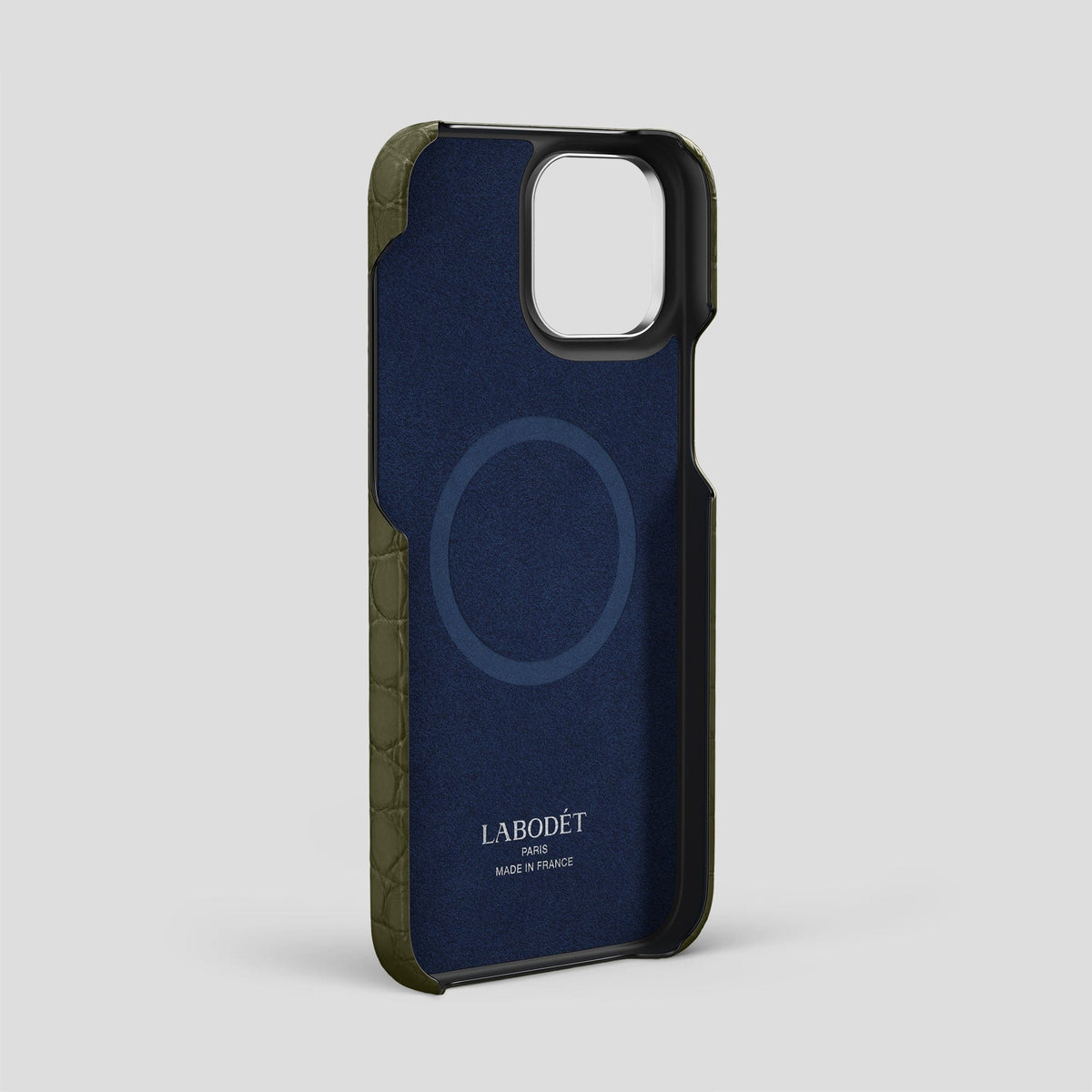 Kaki-Green iPhone 14 Pro Max Card and Pen Holder Case Alligator with Steel Metal -3 | Kaki-Green-Steel