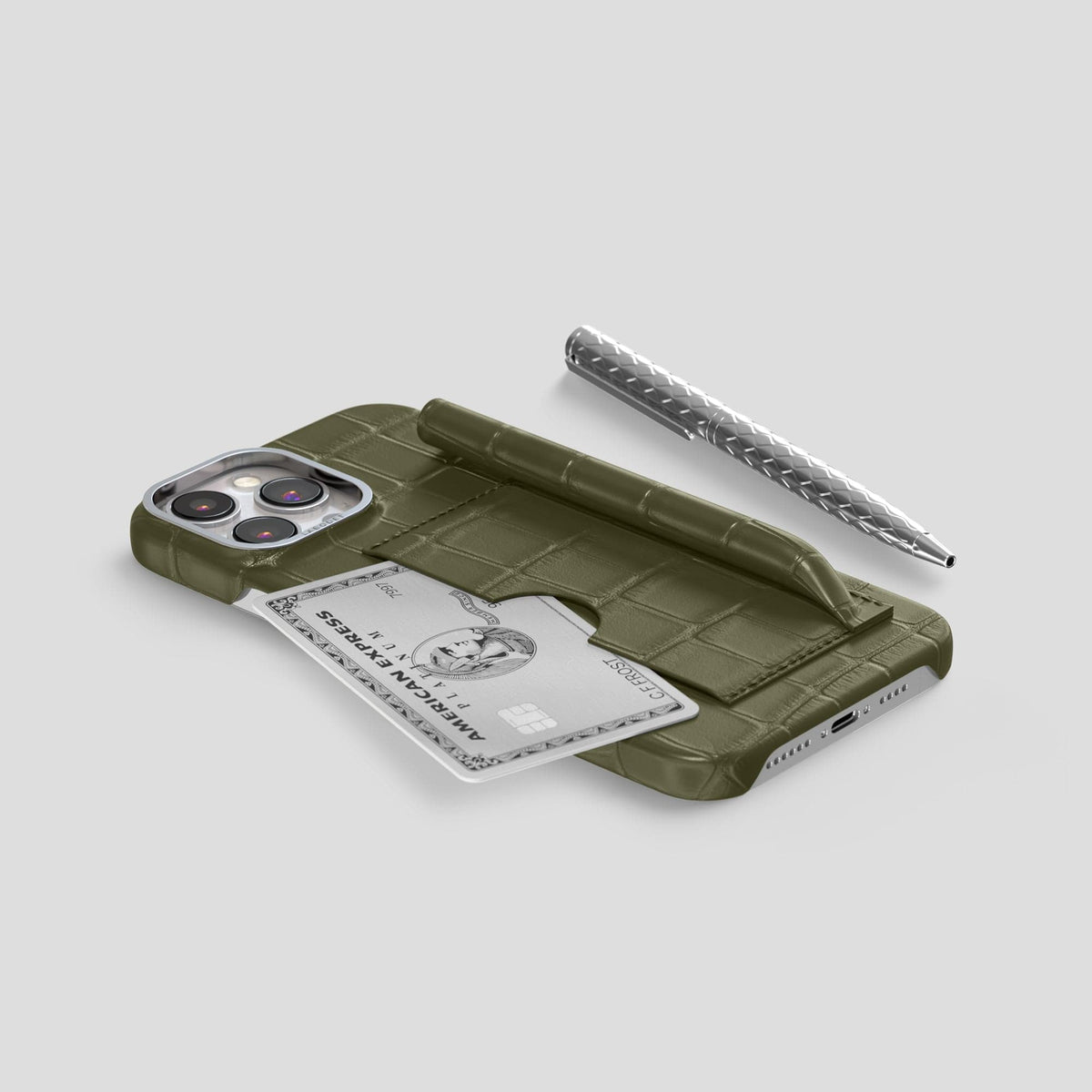 Kaki-Green iPhone 14 Pro Max Card and Pen Holder Case Alligator with Steel Metal -5 | Kaki-Green-Steel