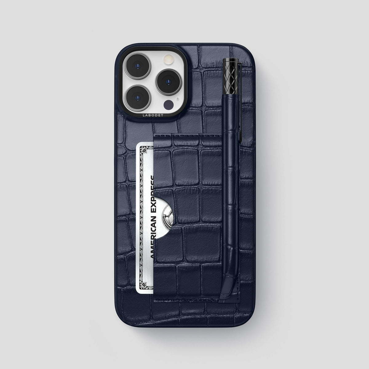 Navy Blue iPhone 14 Pro Max Card and Pen Holder Case Alligator with Black Metal -1 | Navy-Blue-Black
